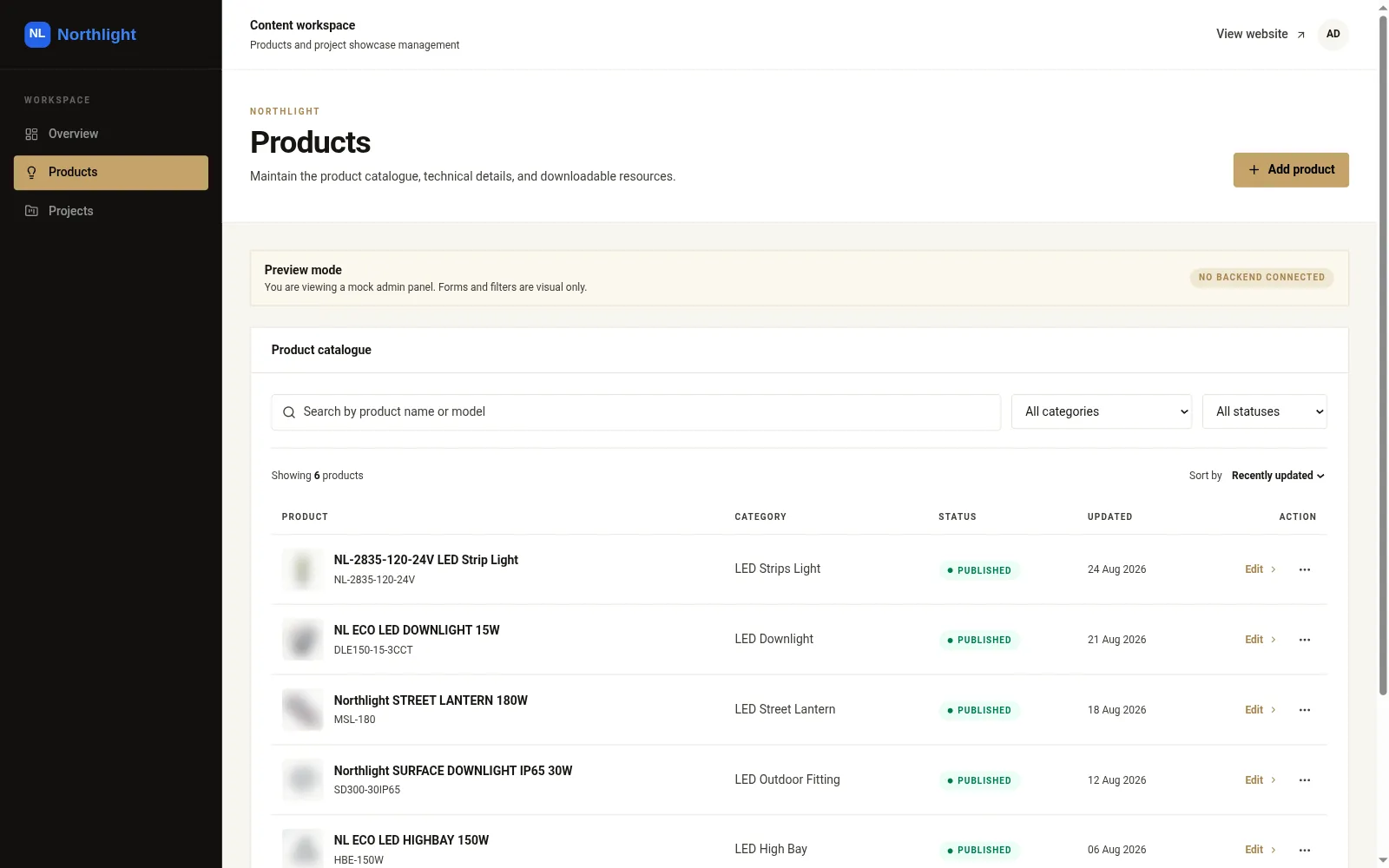 Product catalogue table with search, category and status filters, publish status and updated dates