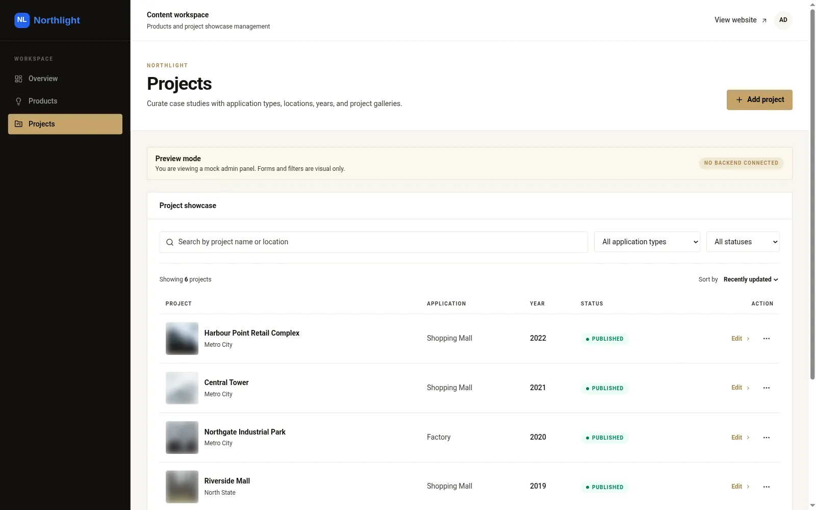 Project showcase table with application types, years and publish status