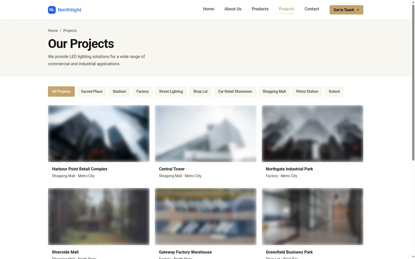 Public projects page listing completed installations by application and location