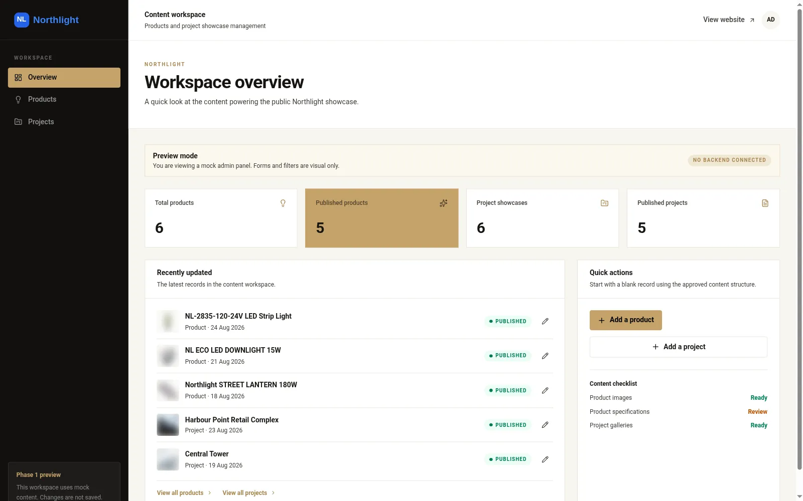 Content workspace overview showing product and project totals, recent updates and quick actions