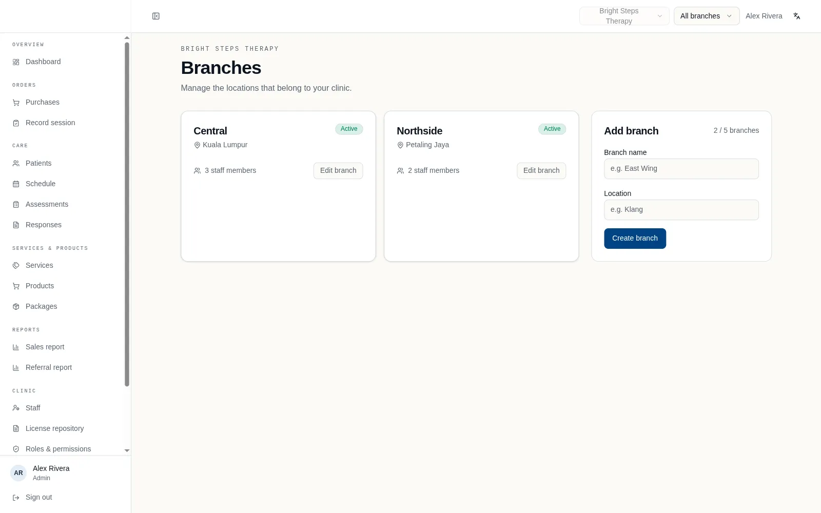 Branch management screen listing locations with staff counts
