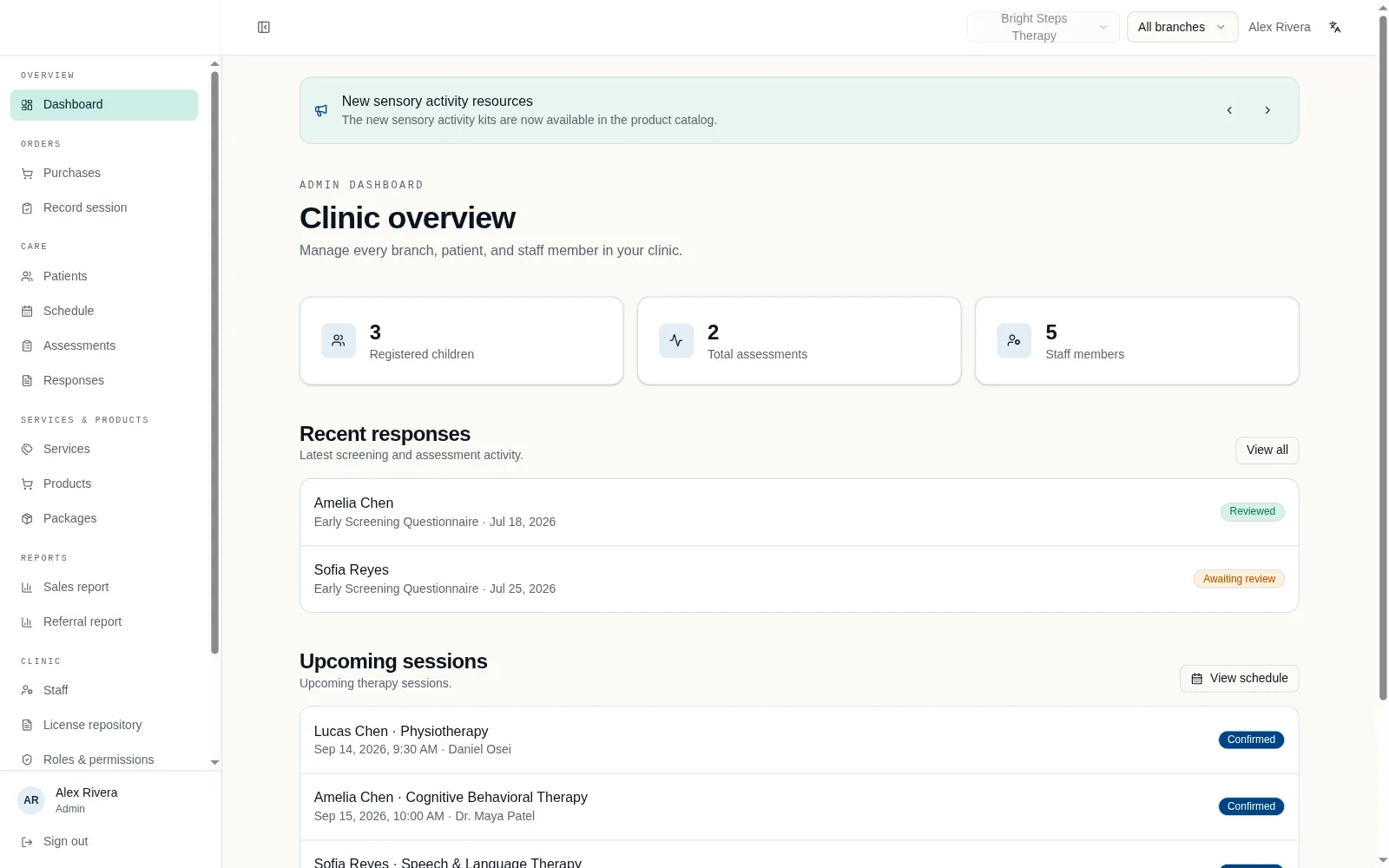 Management dashboard showing registered children, assessments and upcoming therapy sessions