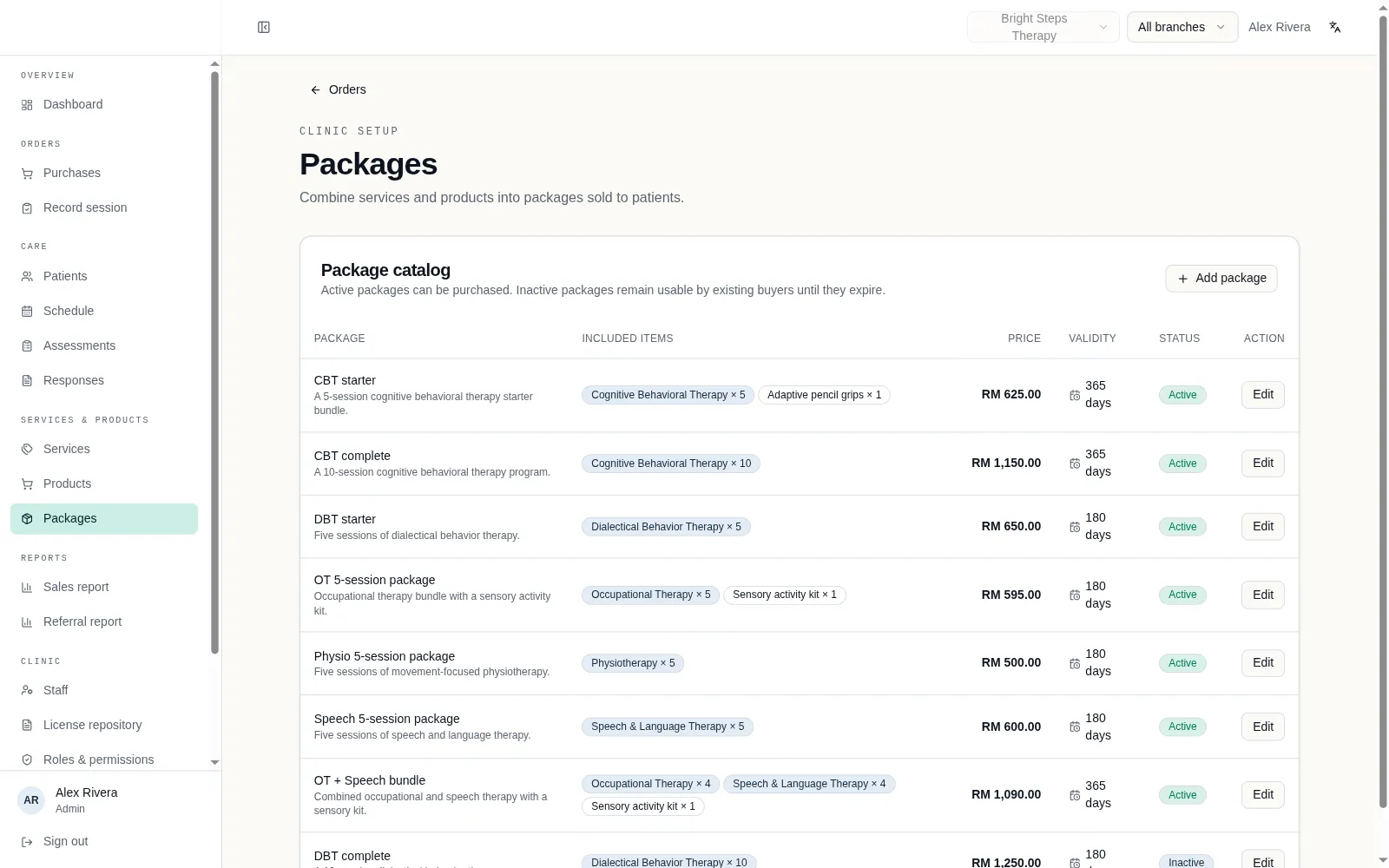 Package catalog combining therapy services and products with pricing and validity