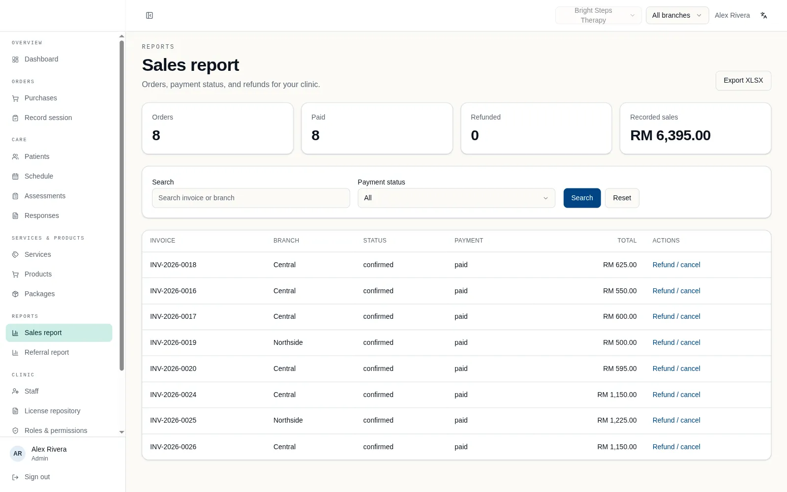 Sales report with order totals, recorded revenue and invoice list by branch