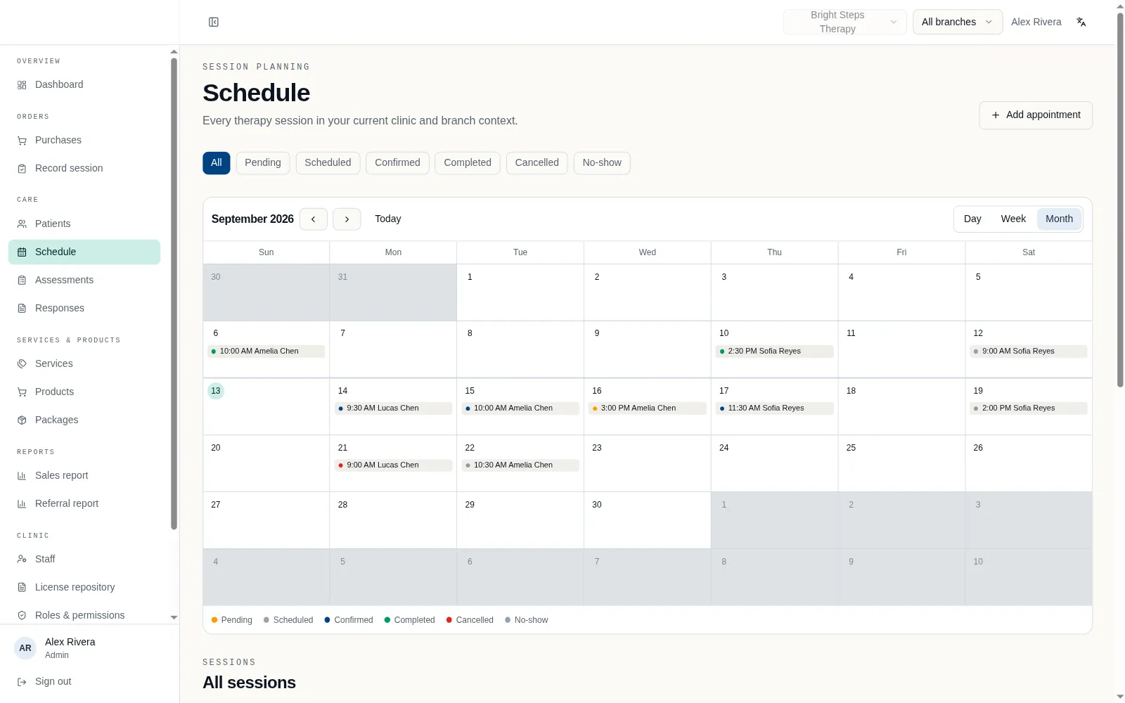 Month calendar of therapy sessions with status filters and a branch column